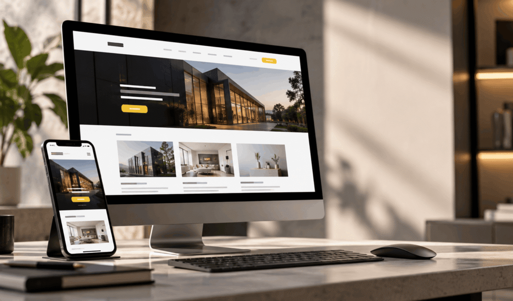 Modern business website displayed on a laptop and smartphone, highlighting responsive design and clear navigation.