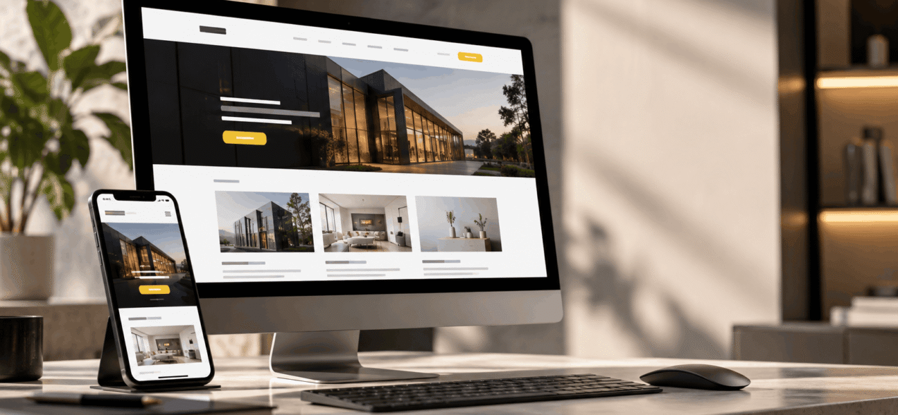 Modern business website displayed on a laptop and smartphone, highlighting responsive design and clear navigation.