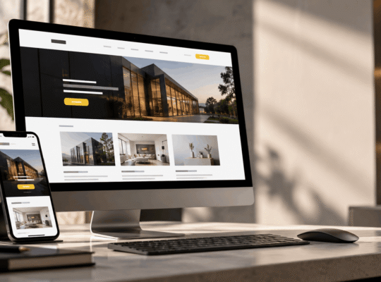 Modern business website displayed on a laptop and smartphone, highlighting responsive design and clear navigation.