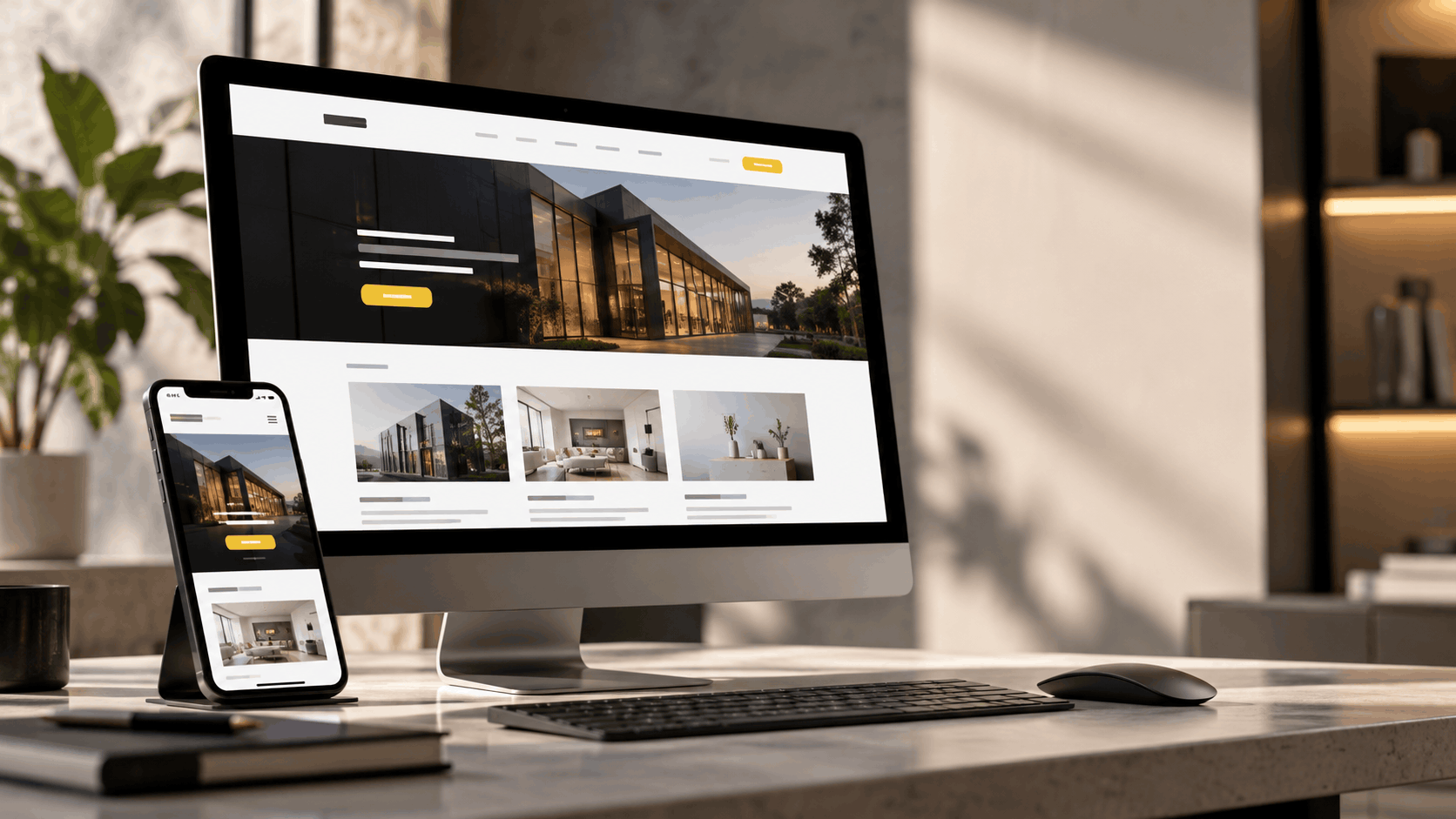 Modern business website displayed on a laptop and smartphone, highlighting responsive design and clear navigation.