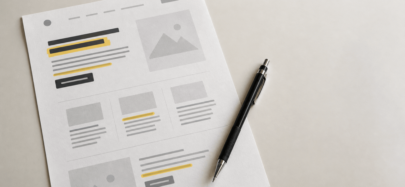 Printed website content draft with highlighted copy and a black editing pencil on a minimalist desk.