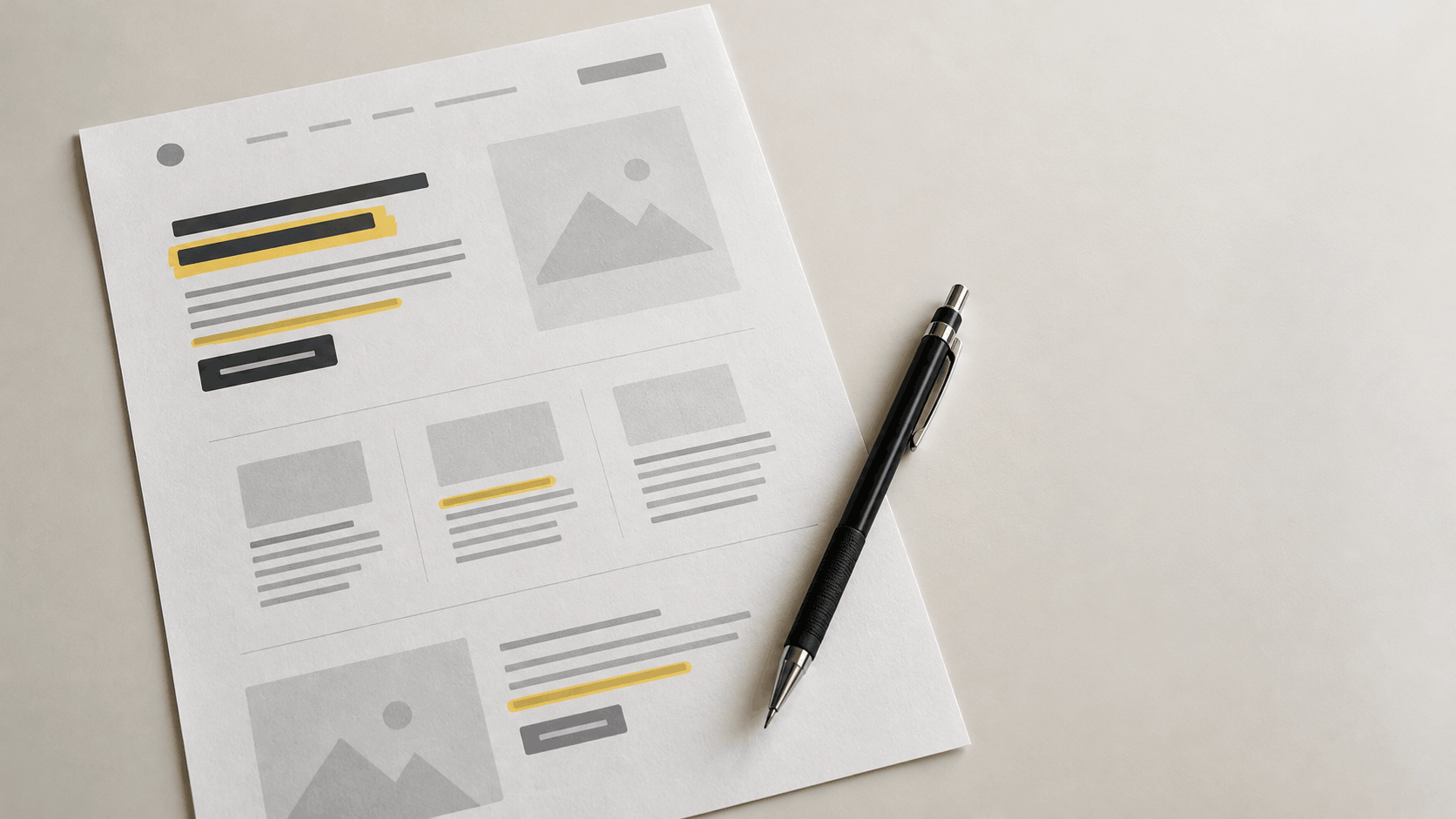 Printed website content draft with highlighted copy and a black editing pencil on a minimalist desk.