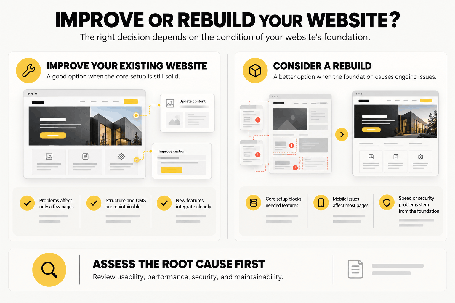Decision guide comparing when to improve an existing business website and when to consider a complete website rebuild.